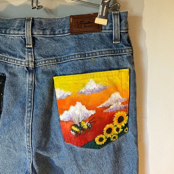 Upcycled LL Bean Straight Leg Jeans 5 Pocket, sun and bee painted on pockets! Si - Picture 6 of 16